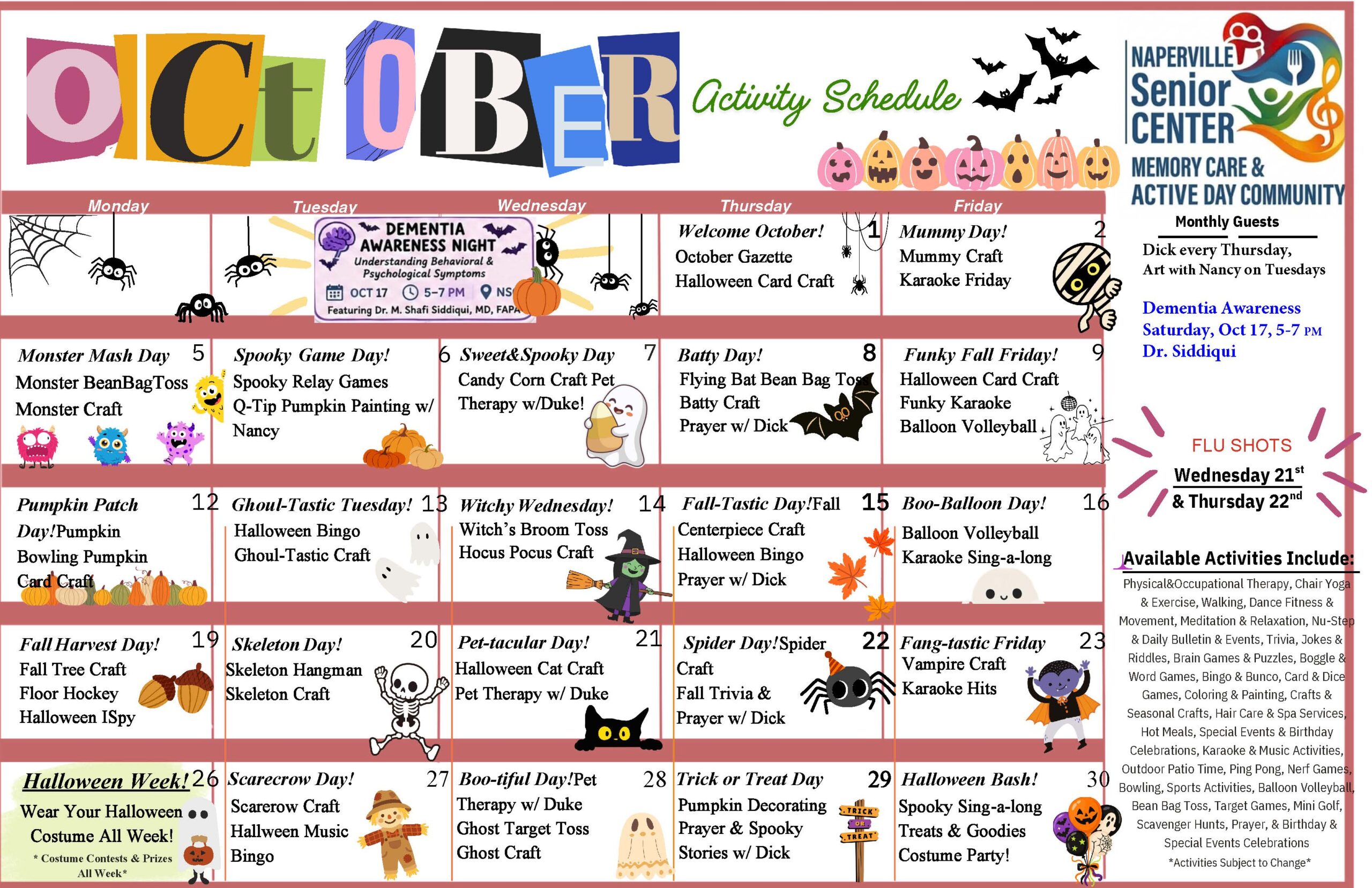 Naperville Senior Center October Activity Schedule with daily Halloween-themed events, Dementia Awareness Night Oct 17 (5-7 PM with Dr. Siddiqui), flu shots Oct 21-22, Halloween costume week Oct 26-30, and a list of ongoing activities including therapy, exercise, games, crafts, and music